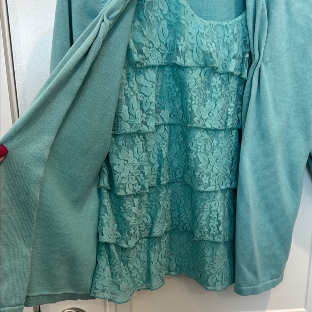 Elementz Blue Cardigan Sweater Set with Lace Detail petite medium - Picture 3 of 6
